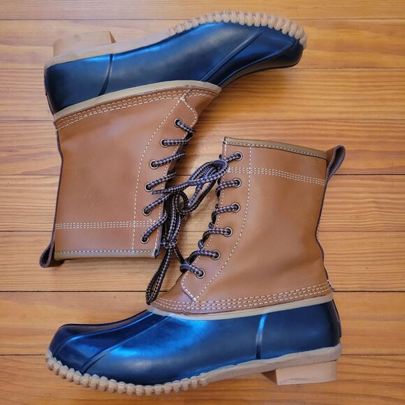 Lands End Rubber Duck Boots Waterproof 7 Brown Blue Lace Up Spring Leather - Picture 7 of 9